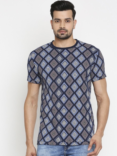 

Mufti Men Navy Blue Off-White Checked Polo Collar Pure Cotton T-shirt