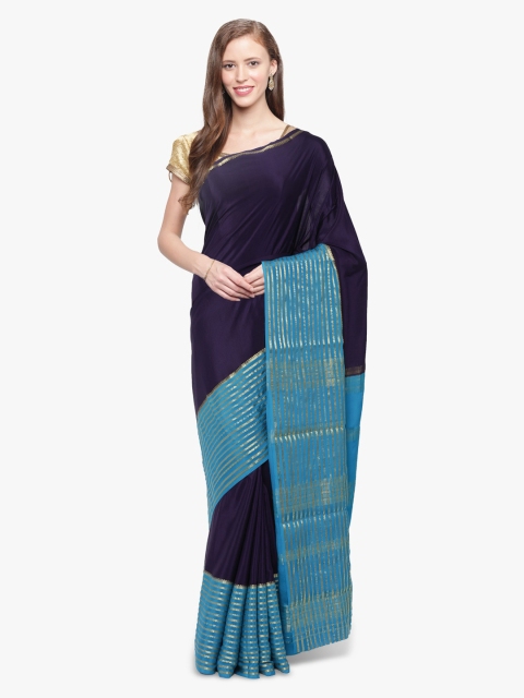 

Sudarshan Silks Navy Blue & Sea Green Pure Silk Striped Mysore Silk Handloom Saree