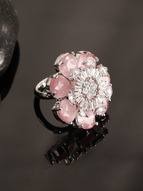 

ANIKAS CREATION Silver-Plated White & Pink AD-Studded Adjustable Finger Ring