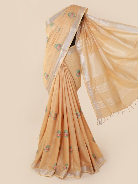 

Pothys Orange & Green Linen Blend Embroidered Saree