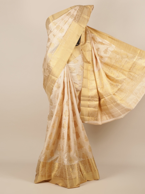 

Pothys Cream-Coloured & Gold-Coloured Jute Silk Woven Design Saree
