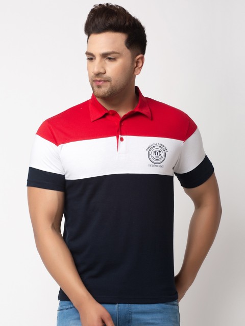 

WILD WEST Men Multicoloured Colourblocked Polo Collar T-shirt, Navy blue