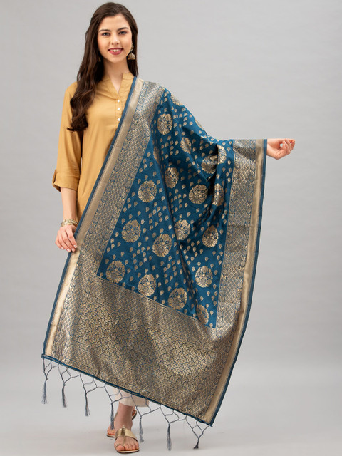 

Satrani Blue & Gold-Coloured Woven Design Jacquard Banarasi Dupatta