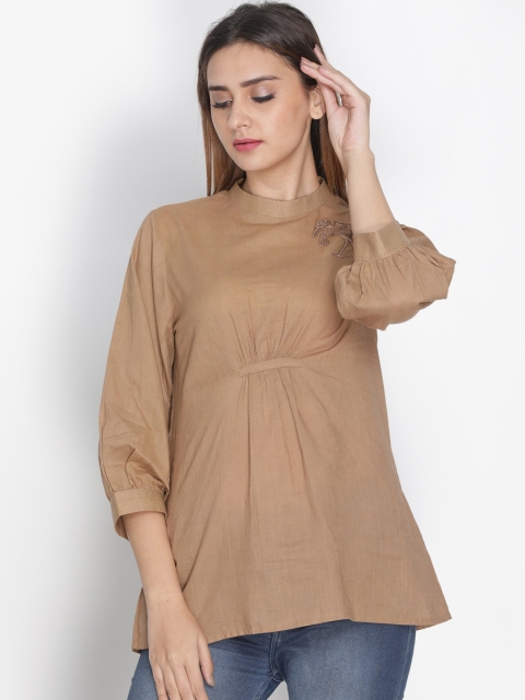 

Nakshi Brown Pure Cotton Embroidered Cuffed Sleeves Regular Top
