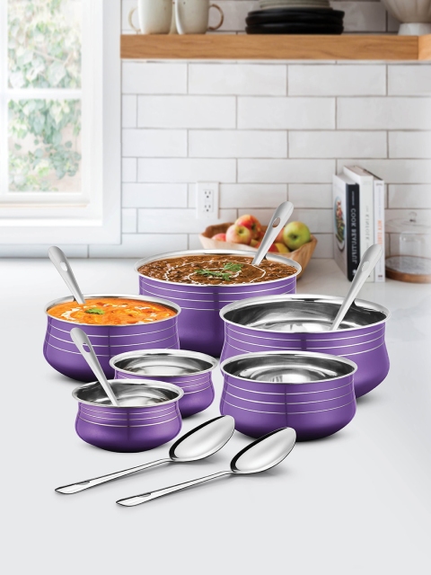 

URBAN CHEF Purple 12 Pcs Stainless Steel Handi Set with 6 Pcs Service Spoon