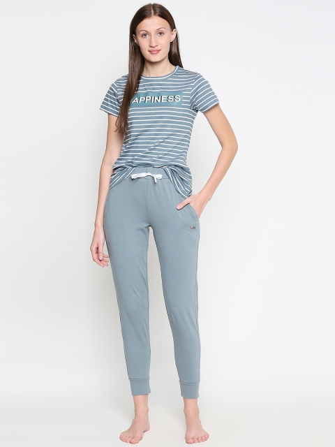 

XIN Women Grey Melange & White Striped Night suit