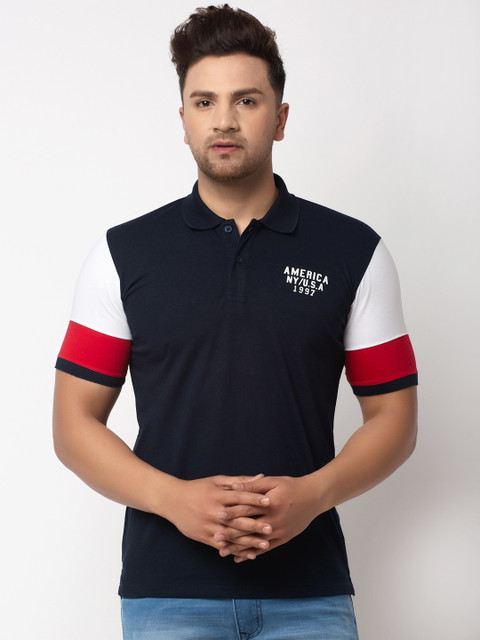 

WILD WEST Men Navy Blue Colourblocked Polo Collar T-shirt