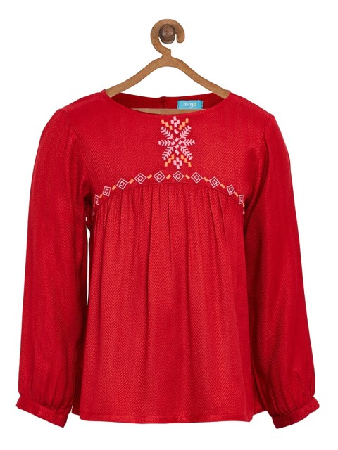 

Miyo Red & Off White Embroidered Pure Cotton A-line Top