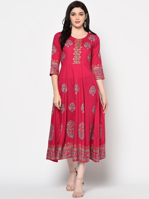 

GULMOHAR JAIPUR Women Fuchsia Pink & Blue Printed Fit and Flare Dress