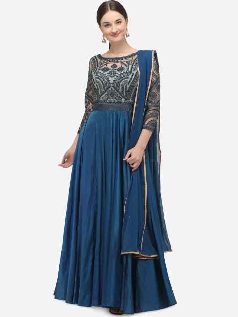 

NAKKASHI Women Blue Embellished Maxi Dress with Dupatta