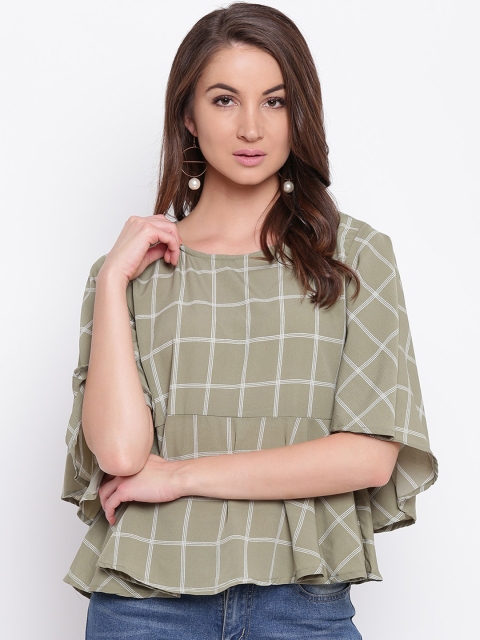 

Mayra Green & Grey Checked Flared Sleeves Crepe Peplum Top