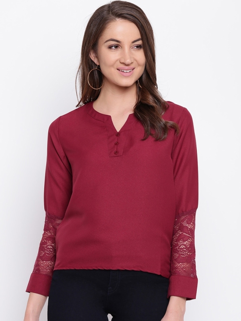 

Mayra Maroon Mandarin Collar Crepe Regular Top