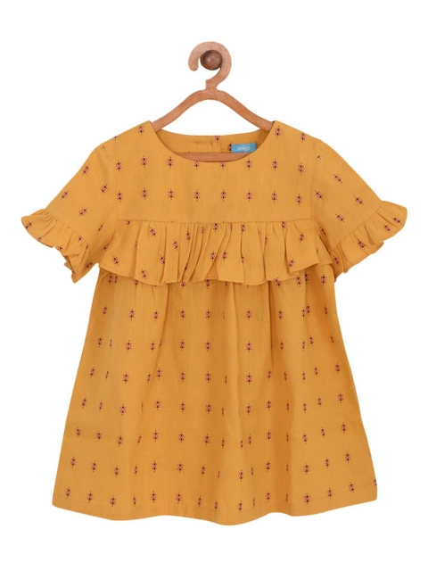 

Miyo Girls Mustard Yellow Self Design Pure Cotton A-line Top