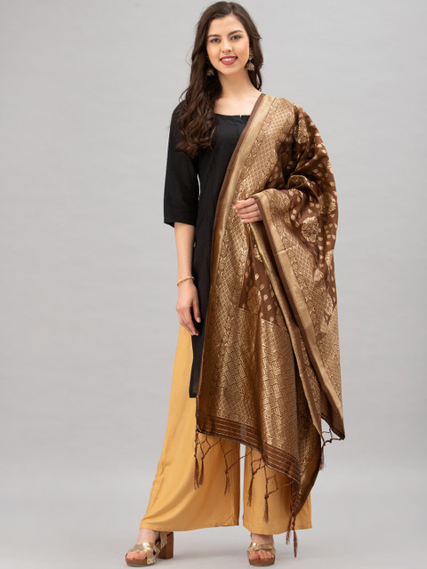 

Satrani Brown & Gold-Coloured Woven Design Jacquard Banarasi Dupatta
