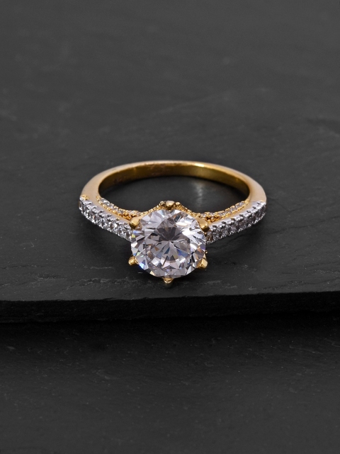 

Tistabene Gold-Plated & White International Diamond-Studded Solitaire Finger Ring
