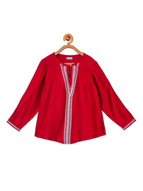 

Miyo Girls Red & White Geometric Embroidered Keyhole Neck Pure Cotton Regular Top