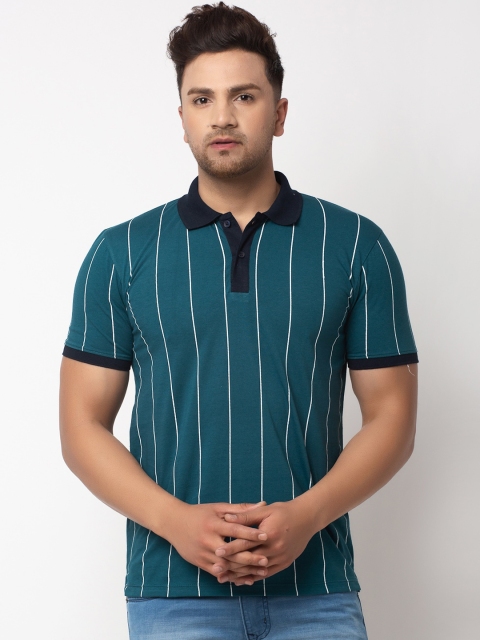 

WILD WEST Men Teal Striped Polo Collar T-shirt