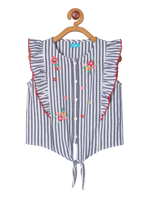 

Miyo Girls White & Navy Blue Striped Flutter Sleeves Pure Cotton Regular Top