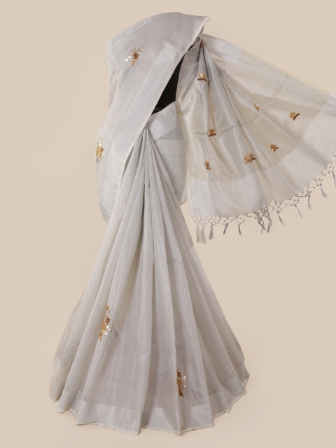 

Pothys Silver-Toned Embroidered Linen Blend Saree