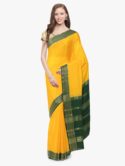 

Sudarshan Silks Yellow & Green Pure Silk Solid Mysore Silk Saree