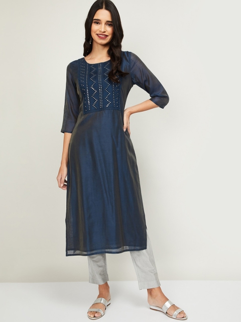 

Melange By Lifestyle Women Navy Blue Geometric Embroidered Sequins Kurta