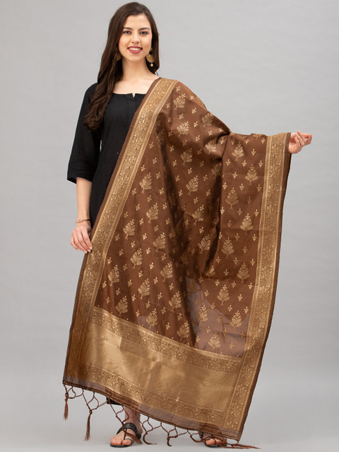 

Satrani Brown & Gold-Coloured Woven Design Jacquard Banarasi Dupatta