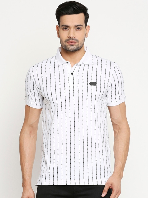 

Mufti Men White Black Striped Polo Collar Cotton Pure Cotton T-shirt