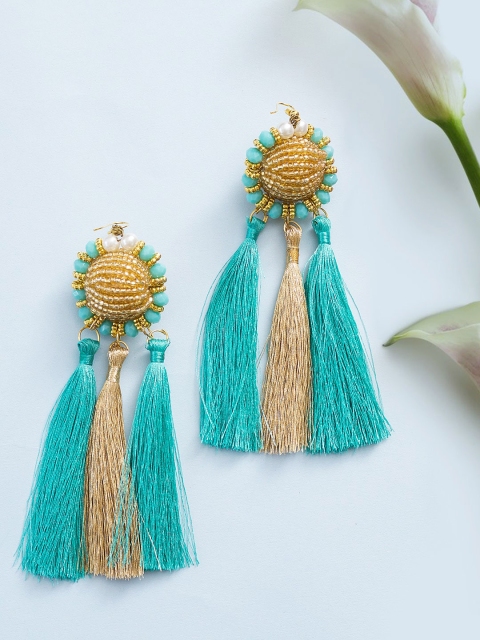 

Golden Peacock Blue & Gold-Toned Contemporary Drop Earrings