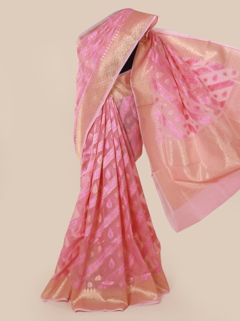 

Pothys Pink & Gold-Toned Tissue Woven Design Saree