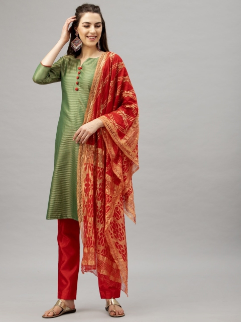Satrani Green & Red Poly Silk Jacquard Unstitched Dress Material