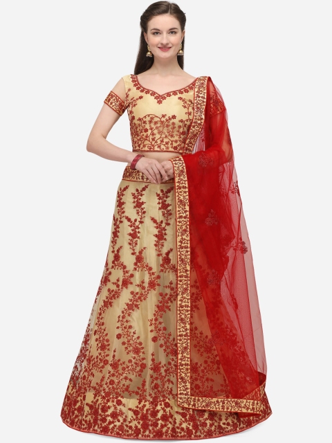 

Netram Beige & Red Embroidered Semi-Stitched Lehenga & Unstitched Blouse with Dupatta