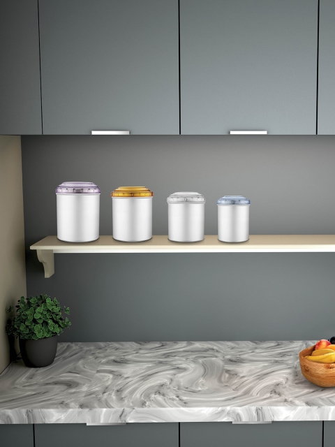 

Jensons Set of 4 Sliver-Toned Solid Stainless Steel Canisters With Lid, Silver