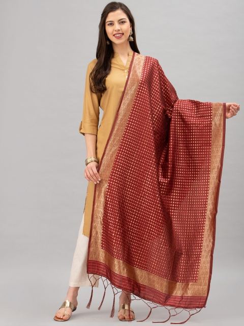 

Satrani Maroon & Gold-Coloured Woven Design Jacquard Banarasi Dupatta