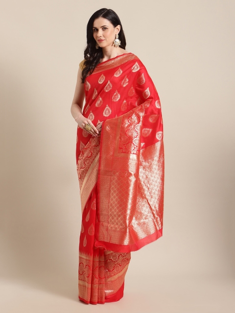 

Mitera Red & Gold-Coloured Silk Blend Woven Design Banarasi Saree