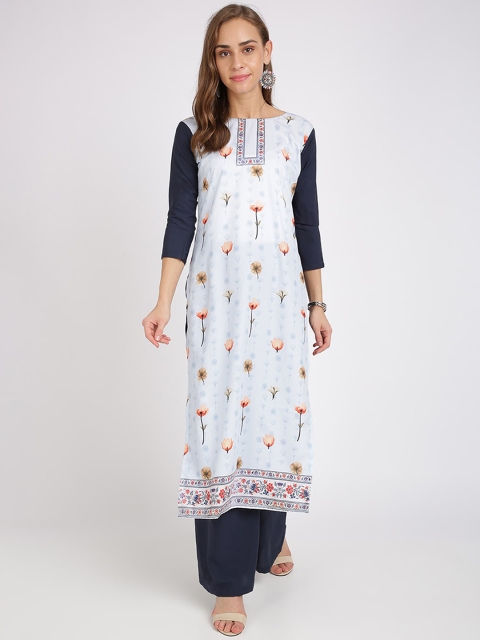 

Florence Women Turquoise Blue Floral Printed Crepe Kurta
