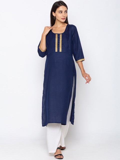 

Momtobe Women Navy Blue & Gold-Toned Yoke Design Maternity Kurta