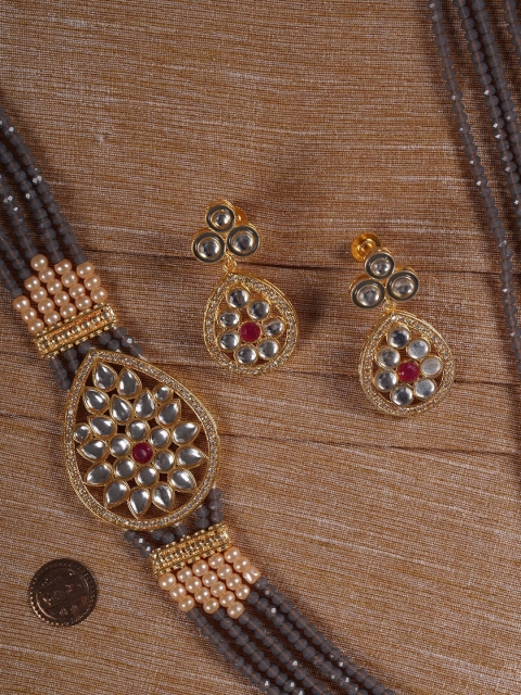 

Shoshaa Gold-Plated Grey & White Kundan-Studded Beaded Handcrafted Jewellery Set