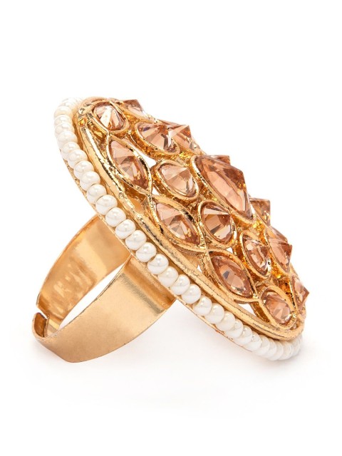 

Rubans Gold-Plated Beige & White Kundan-Studded Handcrafted Statement Finger Ring