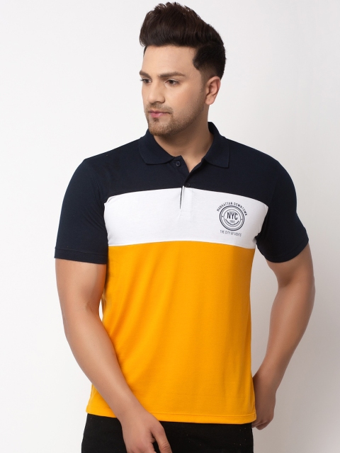 

WILD WEST Men Mustard Yellow & White Colourblocked Polo Collar T-shirt