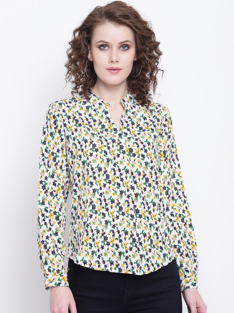 

Mayra White & Green Floral Printed Mandarin Collar Crepe Cuffed Sleeves Shirt Style Top