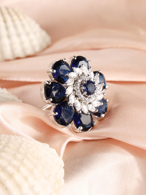 

ANIKAS CREATION Silver-Plated Blue & White American Diamond Studded Adjustable Finger Ring