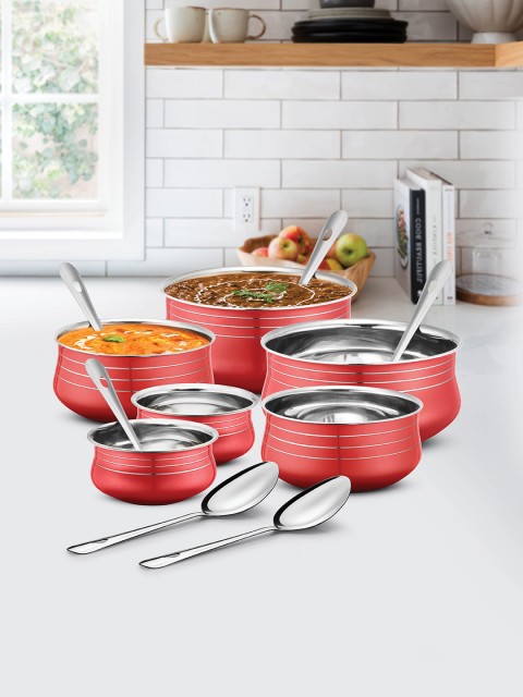 

URBAN CHEF Set Of 12 Red & Silver-Toned Striped Handi & Serving Spoons