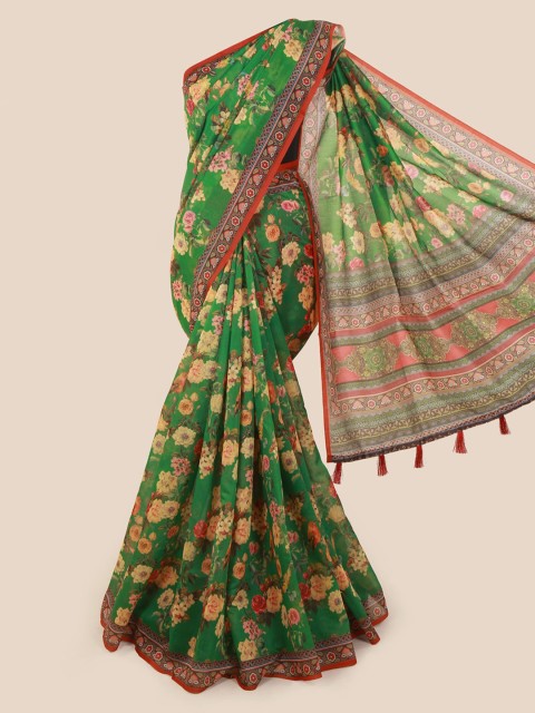 

Pothys Green Printed Cotton Blend Saree With Tasseled Pallu