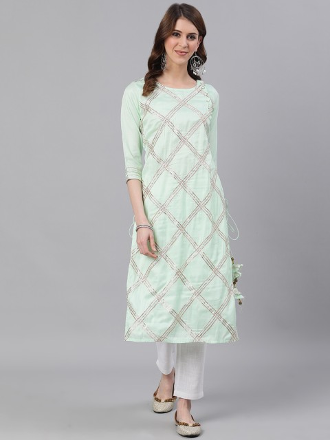 

Jaipur Kurti Women Green Embellished Satin Kurta