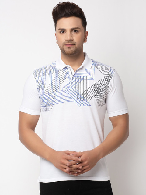 

WILD WEST Men White & Blue Printed Polo Collar T-shirt