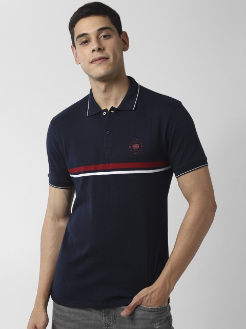 

Peter England Casuals Men Navy Blue Striped Polo Collar Slim Fit T-shirt