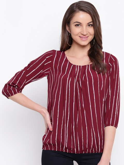 

Mayra Women Maroon & White Striped Bishop Sleeves Crepe Blouson Top