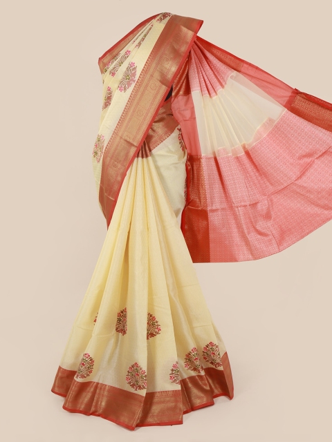 Pothys Cream-Coloured & Red Cotton Blend Woven Design Saree