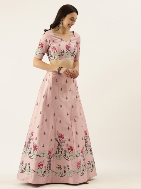 

panchhi Pink & Grey Embroidered Unstitched Lehenga & Blouse with Dupatta