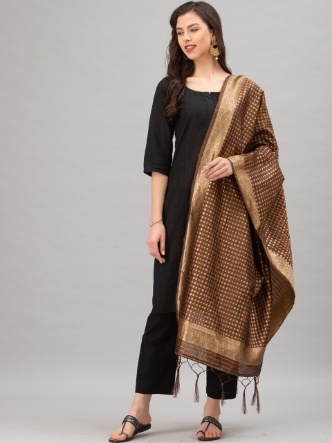 

Satrani Brown & Gold-Coloured Woven Design Jacquard Banarasi Dupatta